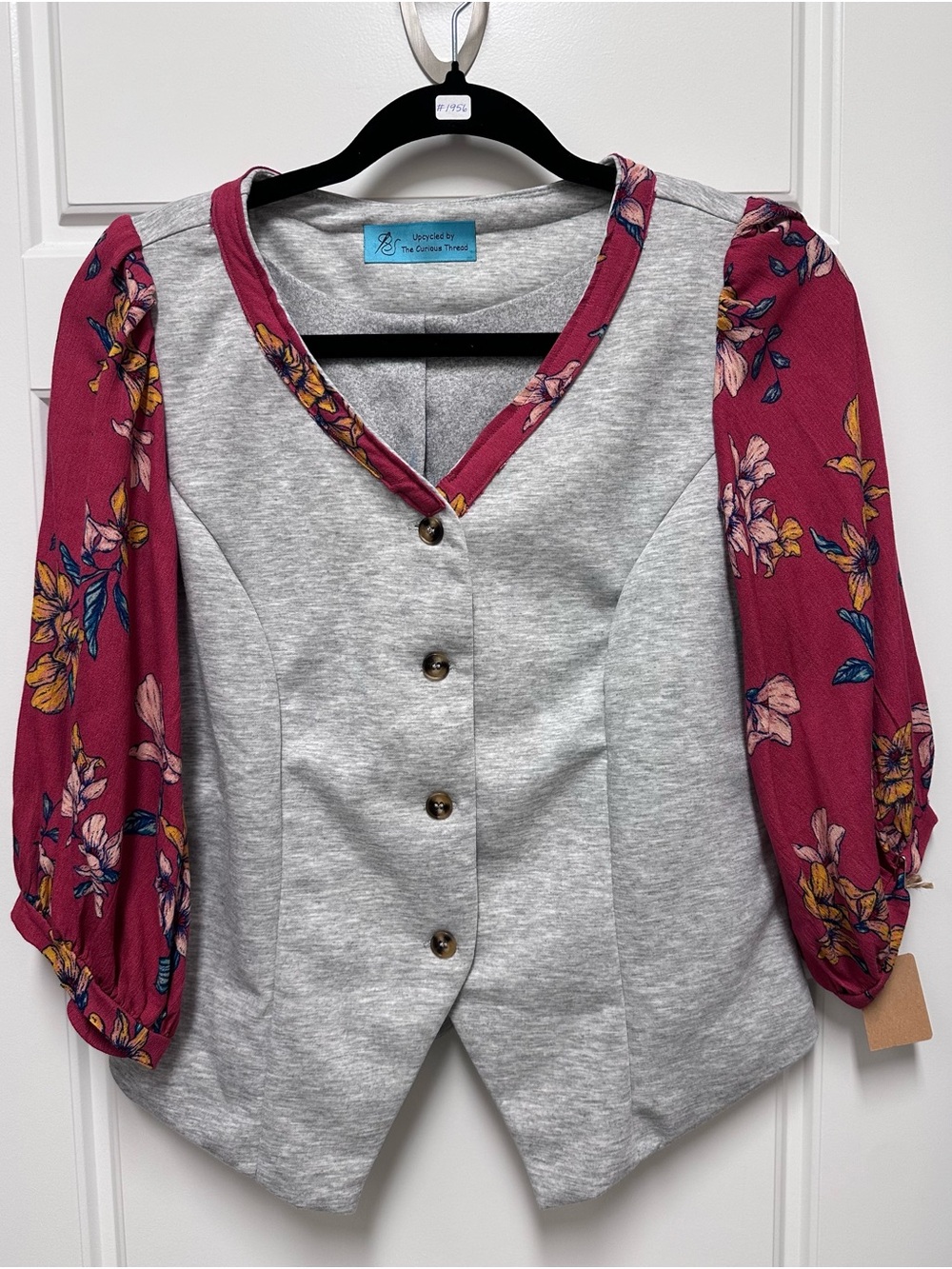 Upcycled Women's Grey Vest with Floral Burgundy Sleeves